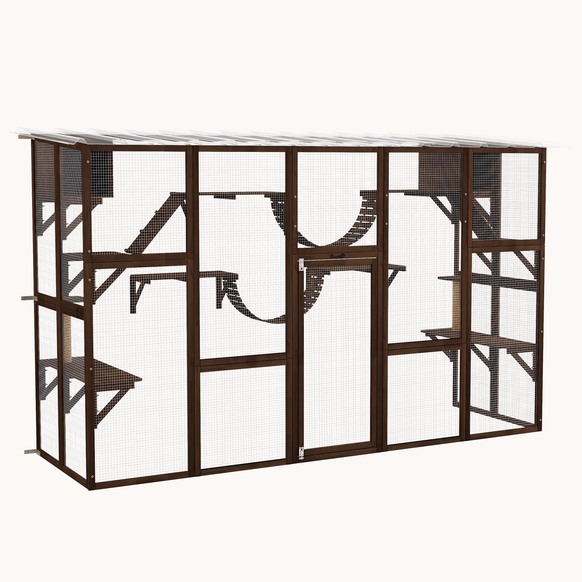 Outdoor Catio Enclosure with Weatherproof Roof, Shelves & Bridges, 118"x37.5"x74", Coffee