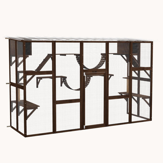 Outdoor Catio Enclosure with Weatherproof Roof, Shelves & Bridges, 118"x37.5"x74", Coffee