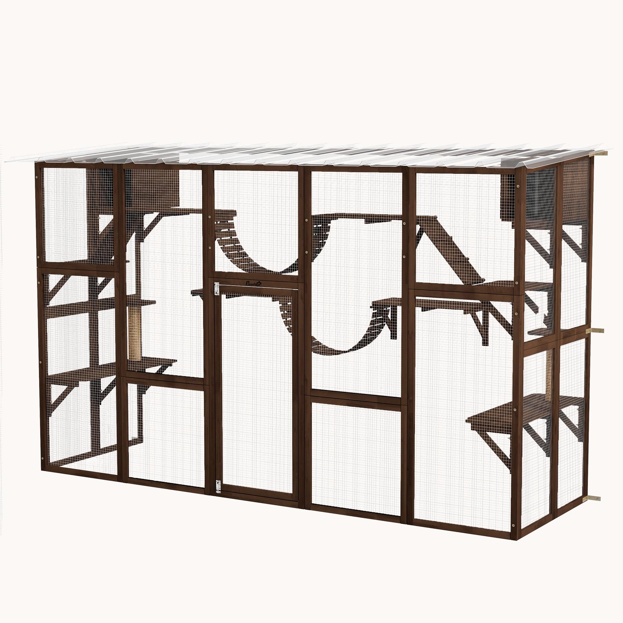 Outdoor Catio Enclosure with Weatherproof Roof, Shelves & Bridges, 118"x37.5"x74", Coffee