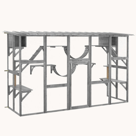 Outdoor Catio Enclosure with Weatherproof Roof & Shelves 118"x37.5"x74" Gray