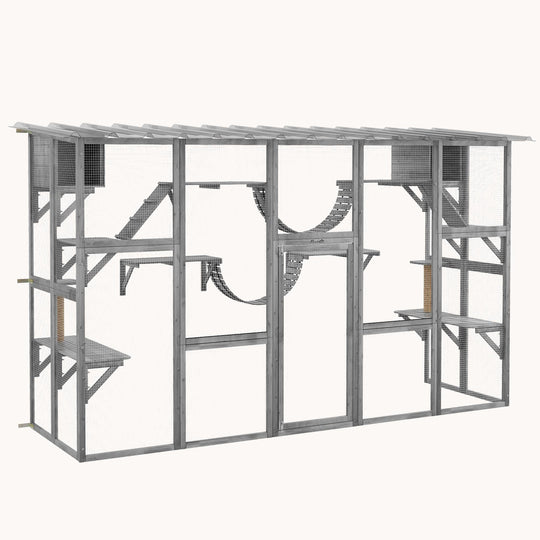 Outdoor Catio Enclosure with Weatherproof Roof & Shelves 118"x37.5"x74" Gray