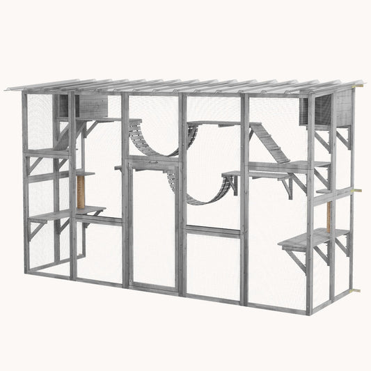 Outdoor Catio Enclosure with Weatherproof Roof & Shelves 118"x37.5"x74" Gray