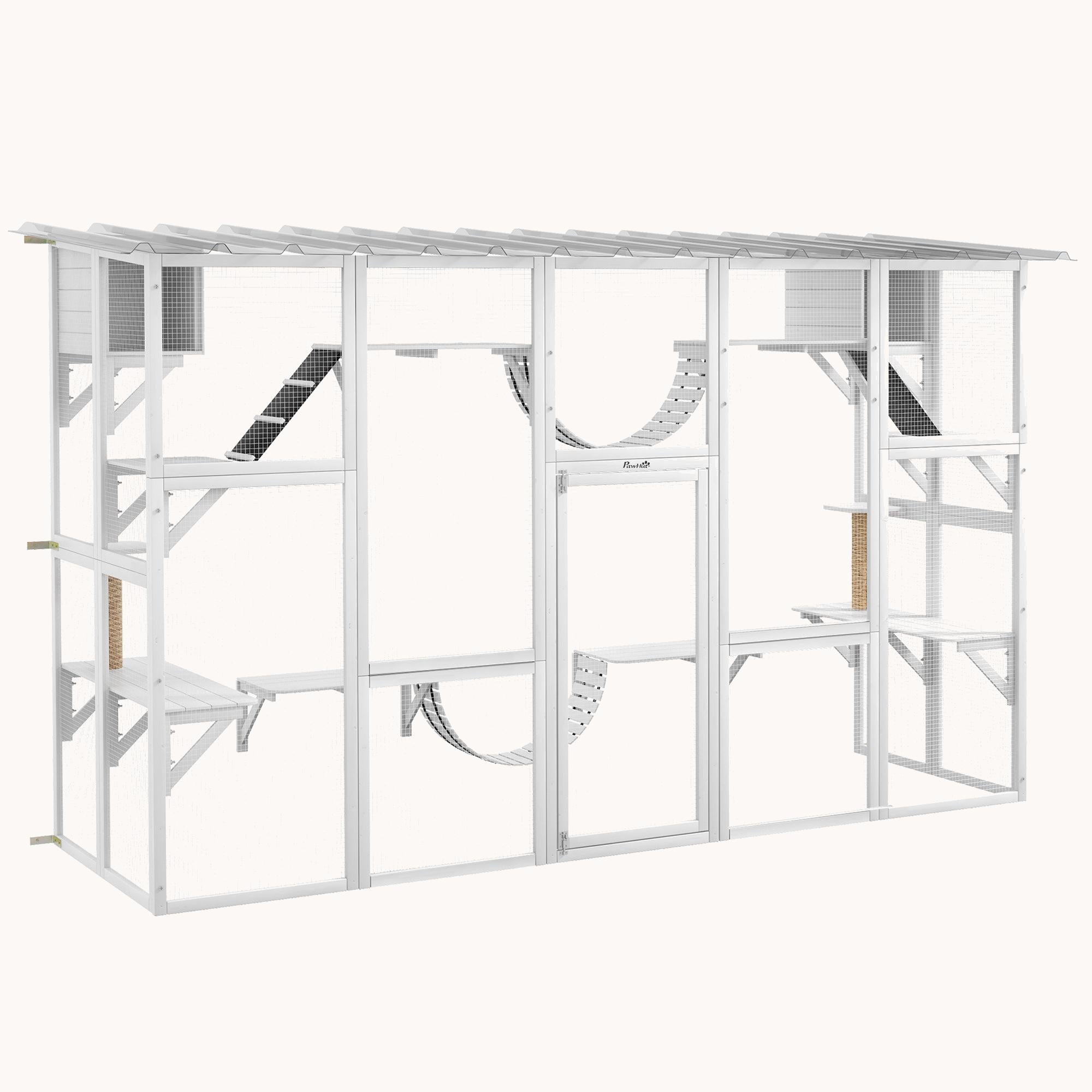 Outdoor Catio Enclosure with Weatherproof Roof, Shelves & Bridges, 118"x37.5"x74", White
