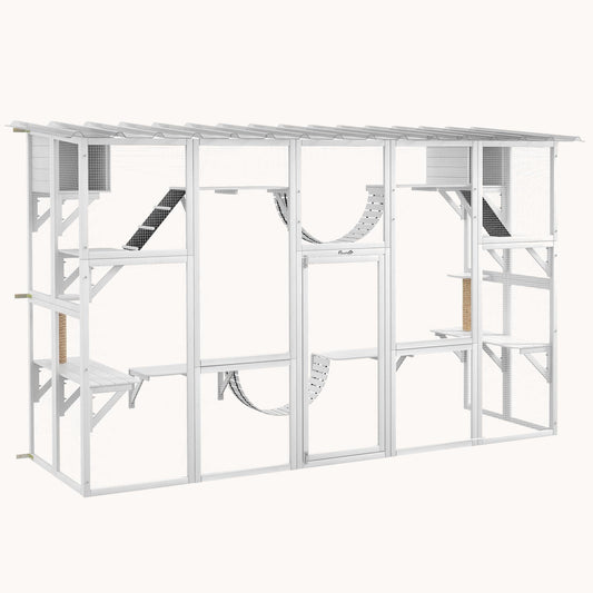 Outdoor Catio Enclosure with Weatherproof Roof, Shelves & Bridges, 118"x37.5"x74", White
