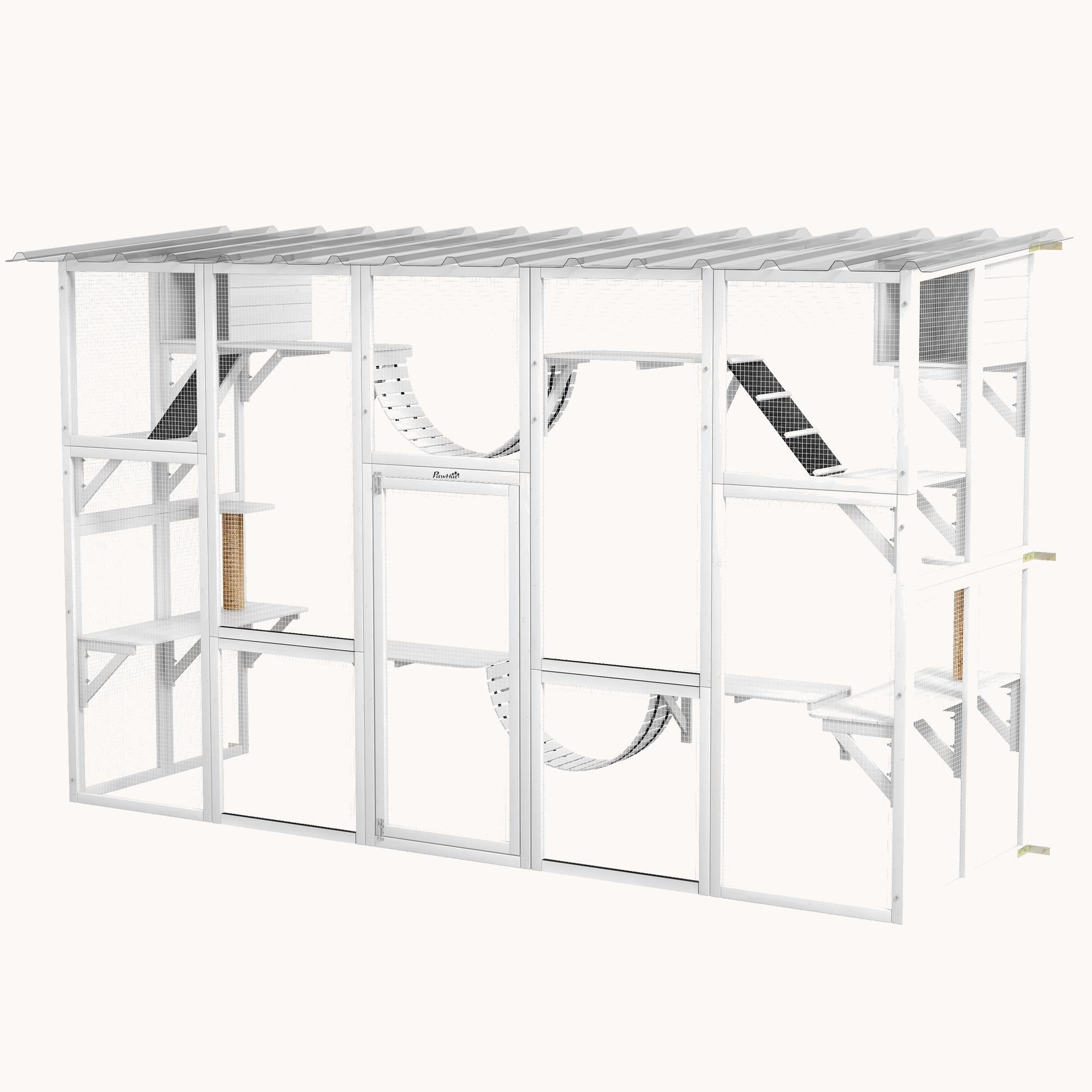 Outdoor Catio Enclosure with Weatherproof Roof, Shelves & Bridges, 118"x37.5"x74", White