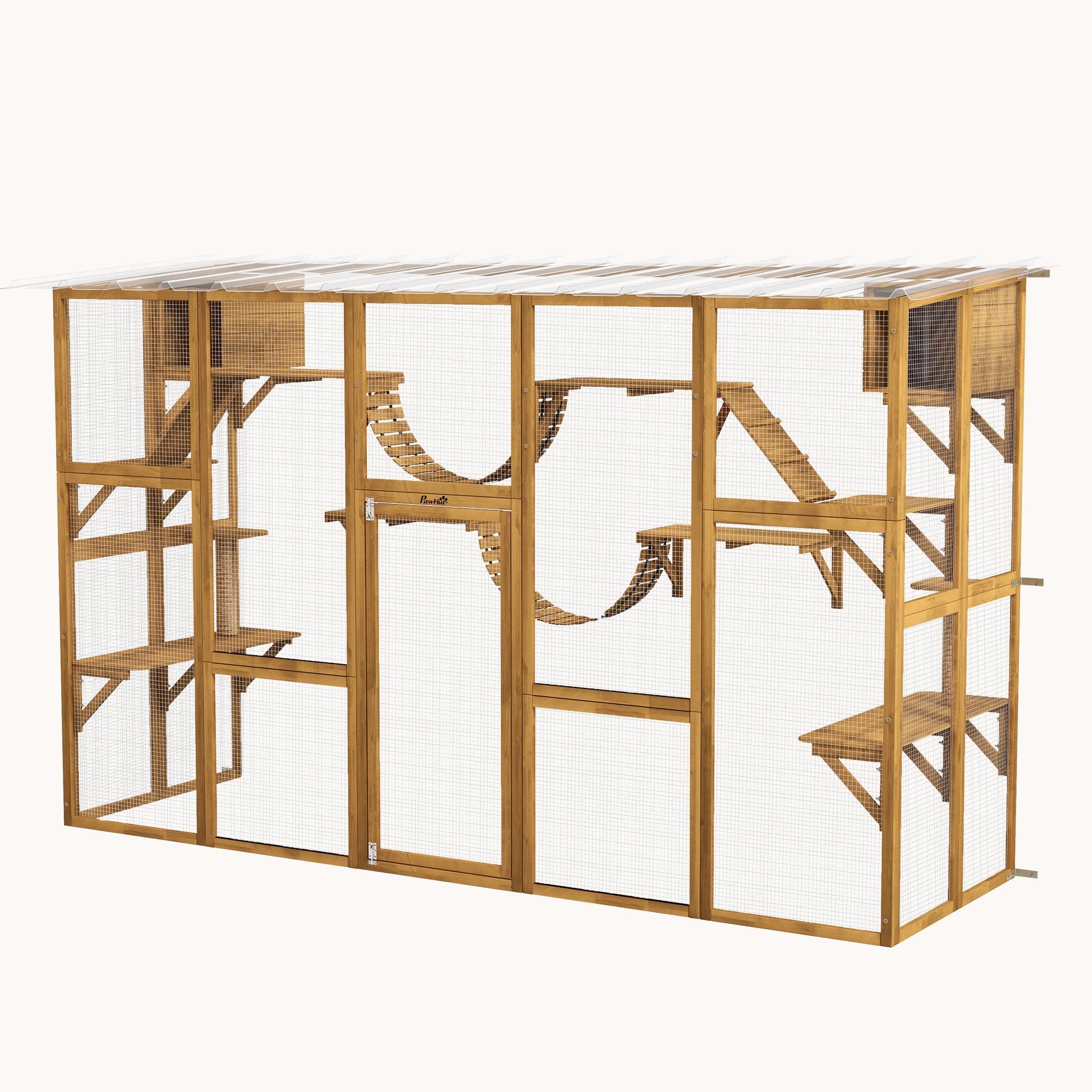 Outdoor Catio Enclosure with Weatherproof Roof, Shelves & Bridges, 118"x37.5"x74", Yellow