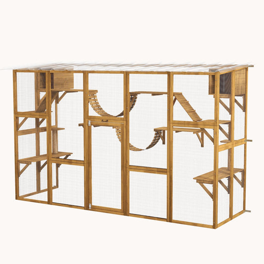 Outdoor Catio Enclosure with Weatherproof Roof, Shelves & Bridges, 118"x37.5"x74", Yellow