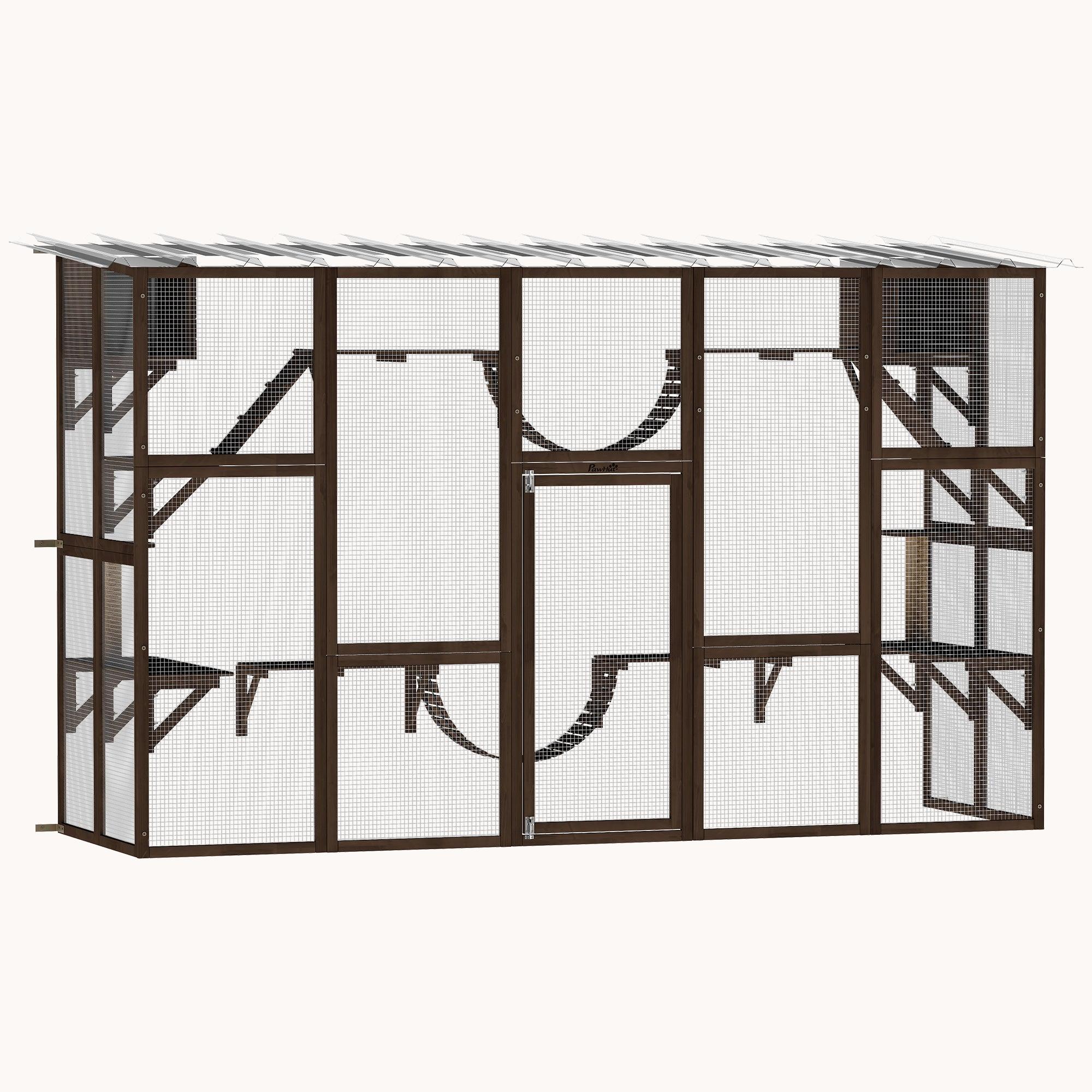 Wooden Outdoor Catio with Weather Roof Shelves for 1-4 Cats Coffee Brown