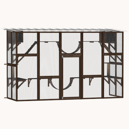 Wooden Outdoor Catio with Weather Roof Shelves for 1-4 Cats Coffee Brown