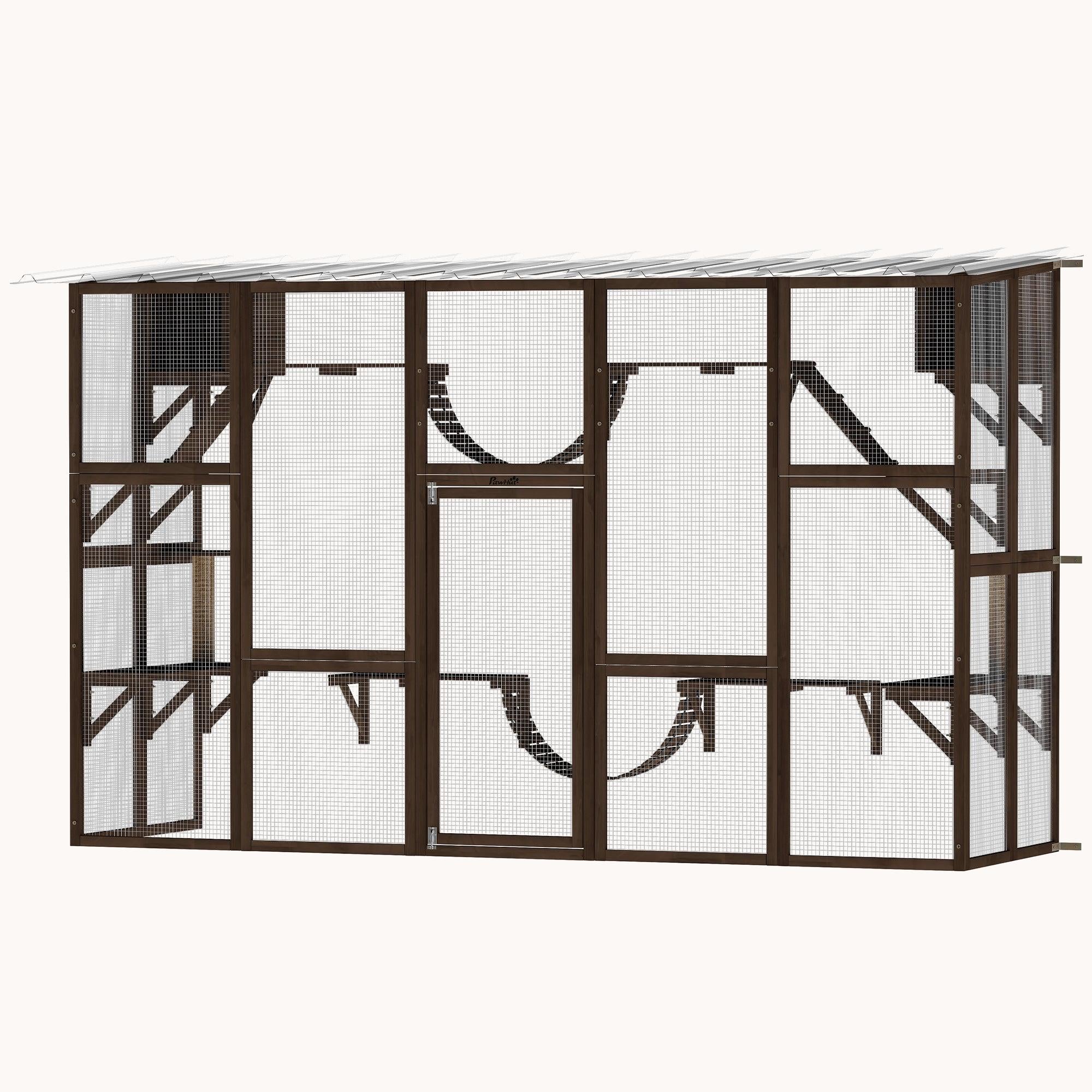 Wooden Outdoor Catio with Weather Roof Shelves for 1-4 Cats Coffee Brown