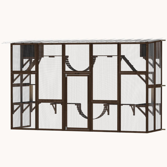 Wooden Outdoor Catio with Weather Roof Shelves for 1-4 Cats Coffee Brown