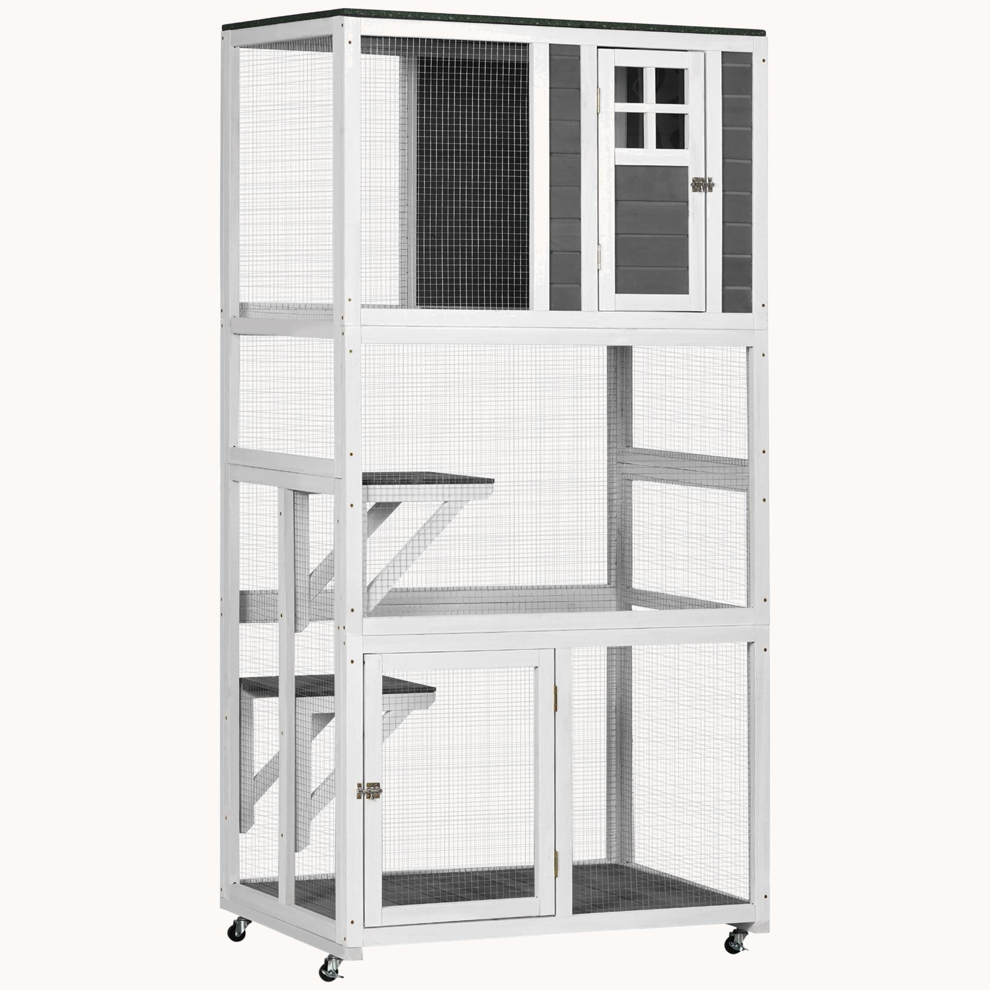 74" Weatherproof Wheeled Wooden Catio Enclosure with High Weight Capacity White