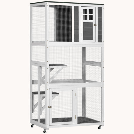 74" Weatherproof Wheeled Wooden Catio Enclosure with High Weight Capacity White