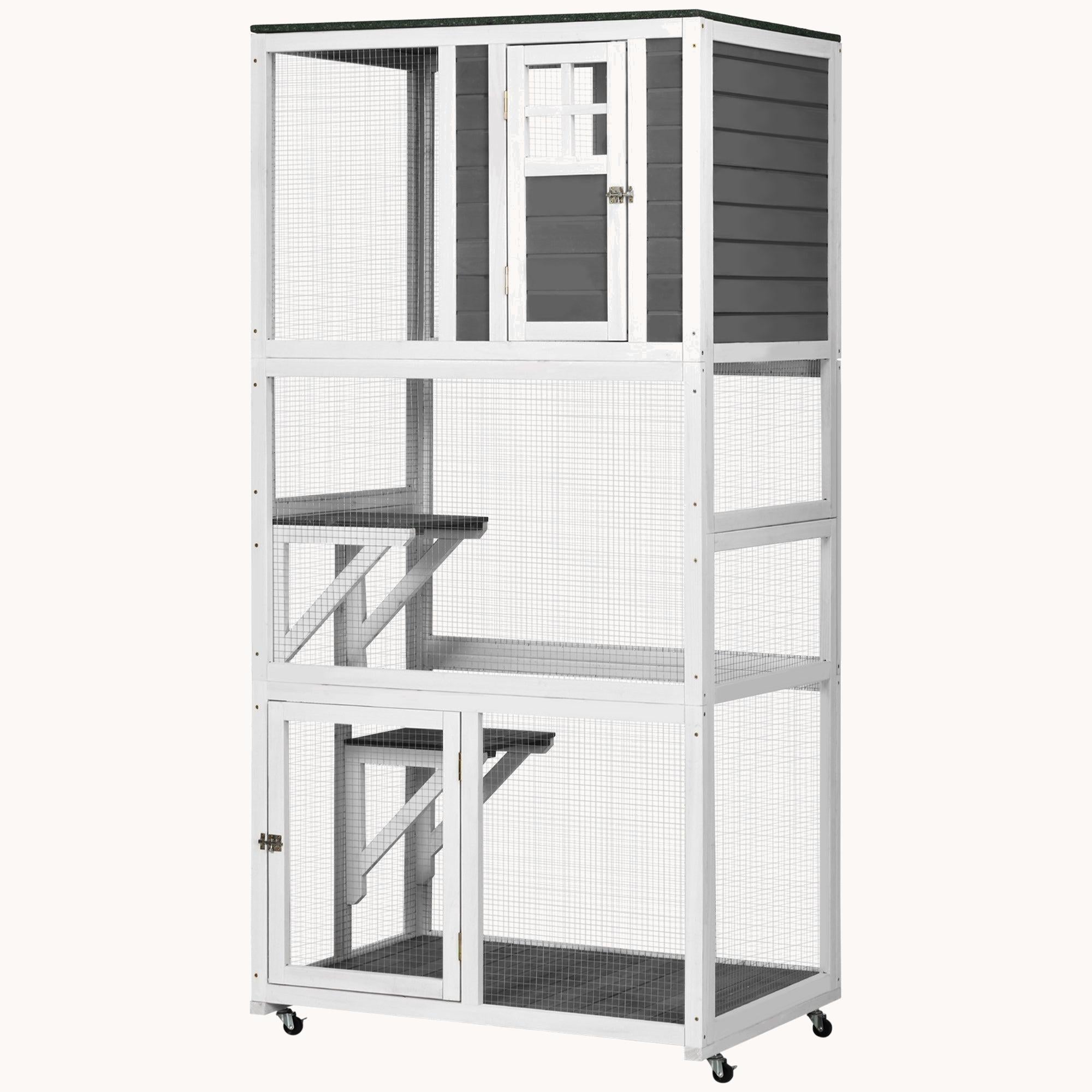 74" Weatherproof Wheeled Wooden Catio Enclosure with High Weight Capacity White
