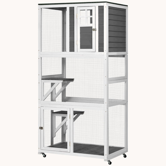 74" Weatherproof Wheeled Wooden Catio Enclosure with High Weight Capacity White