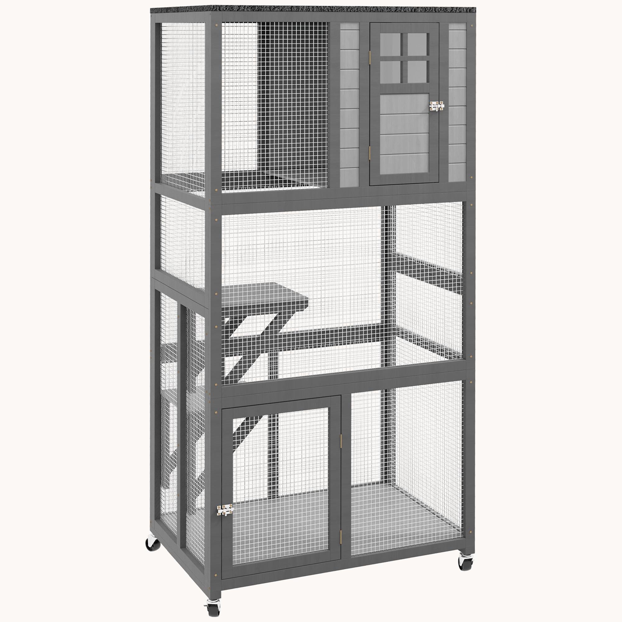 74" Weatherproof Wheeled Wooden Catio Enclosure with High Weight Capacity, Light Gray