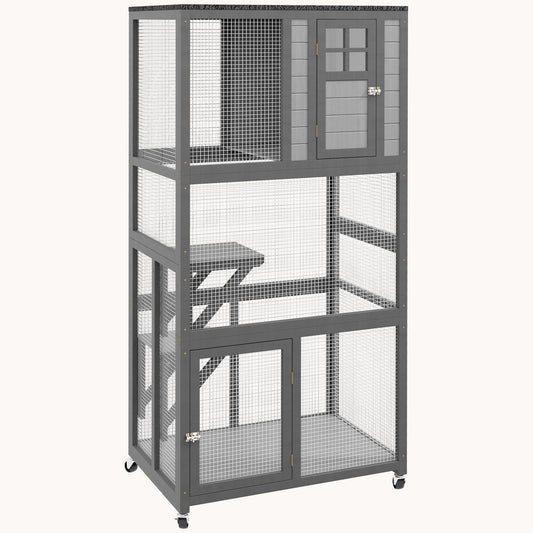 74" Weatherproof Wheeled Wooden Catio Enclosure with High Weight Capacity, Light Gray