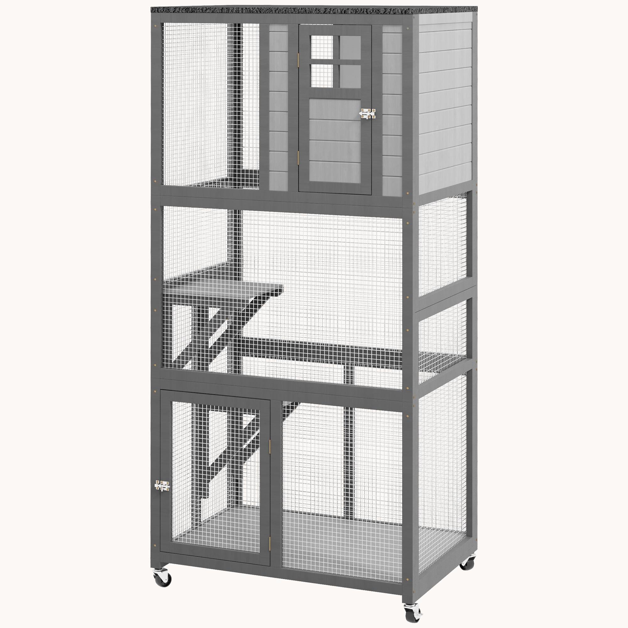 74" Weatherproof Wheeled Wooden Catio Enclosure with High Weight Capacity, Light Gray