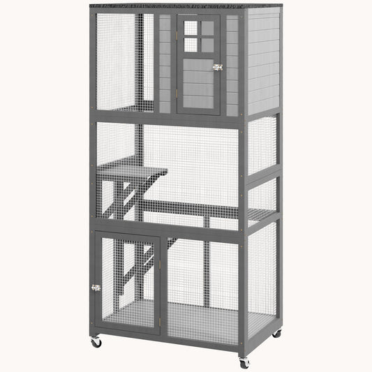 74" Weatherproof Wheeled Wooden Catio Enclosure with High Weight Capacity, Light Gray