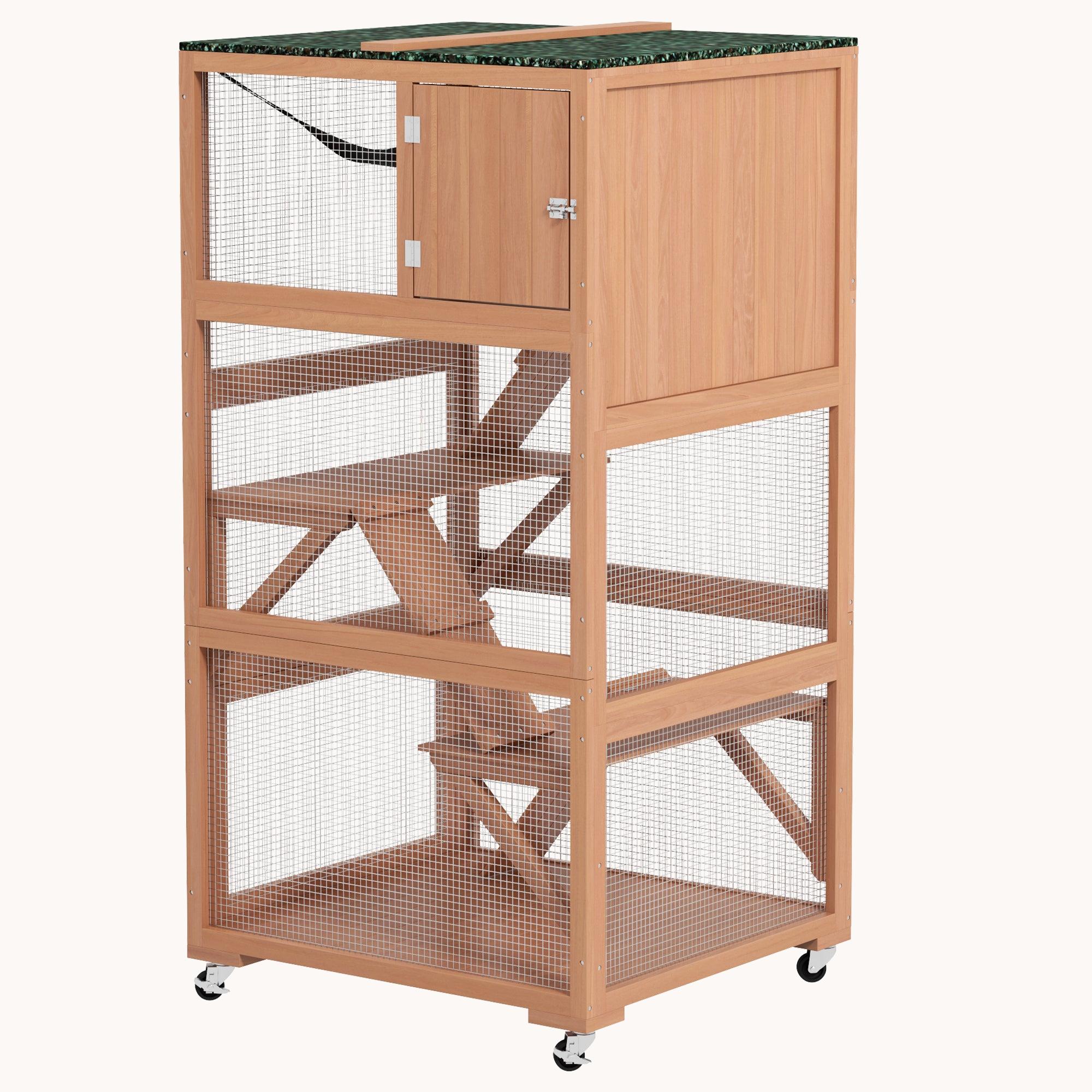 34" Outdoor Cat Enclosure with Wheels, Weatherproof Roof, Hammock & Ramps, Orange