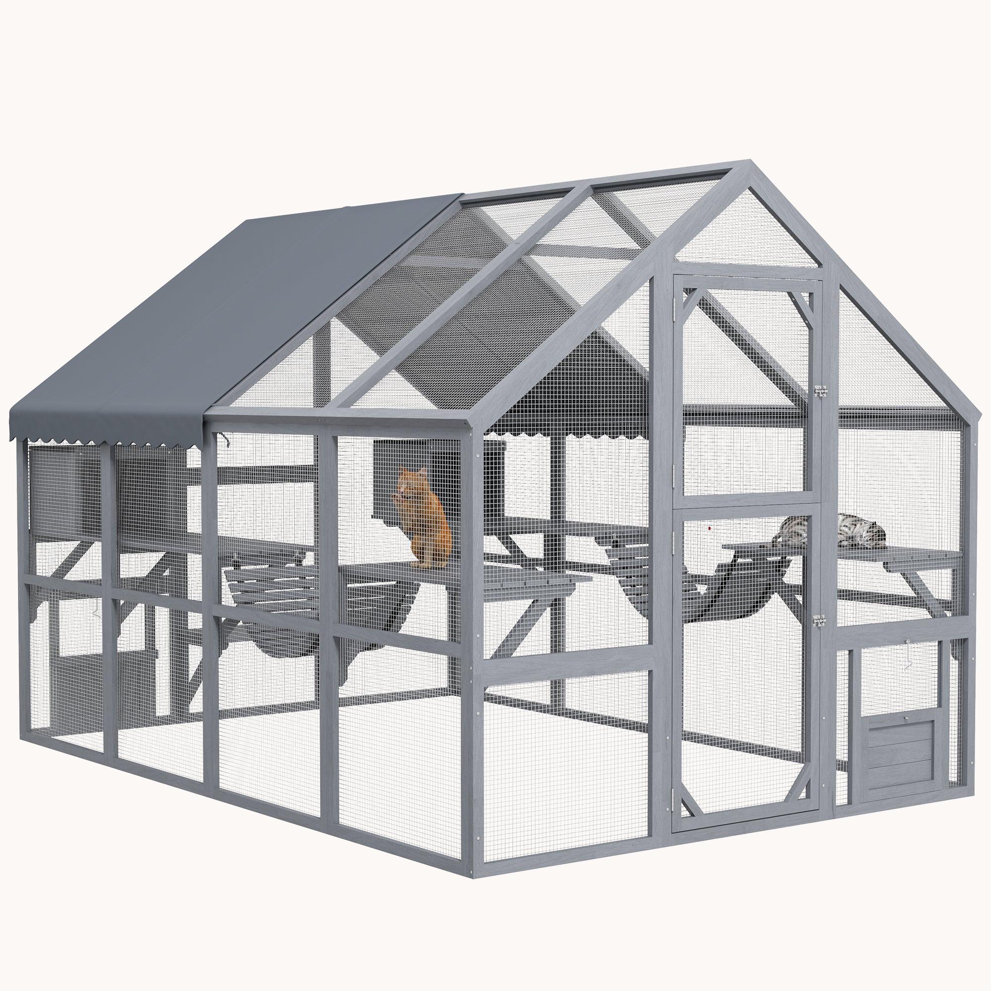 Large Wooden Outdoor Cat Enclosure with Waterproof Cover, 2 Condos & 6 Platforms, Gray