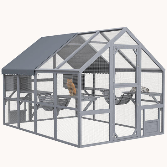 Large Wooden Outdoor Cat Enclosure with Waterproof Cover, 2 Condos & 6 Platforms, Gray