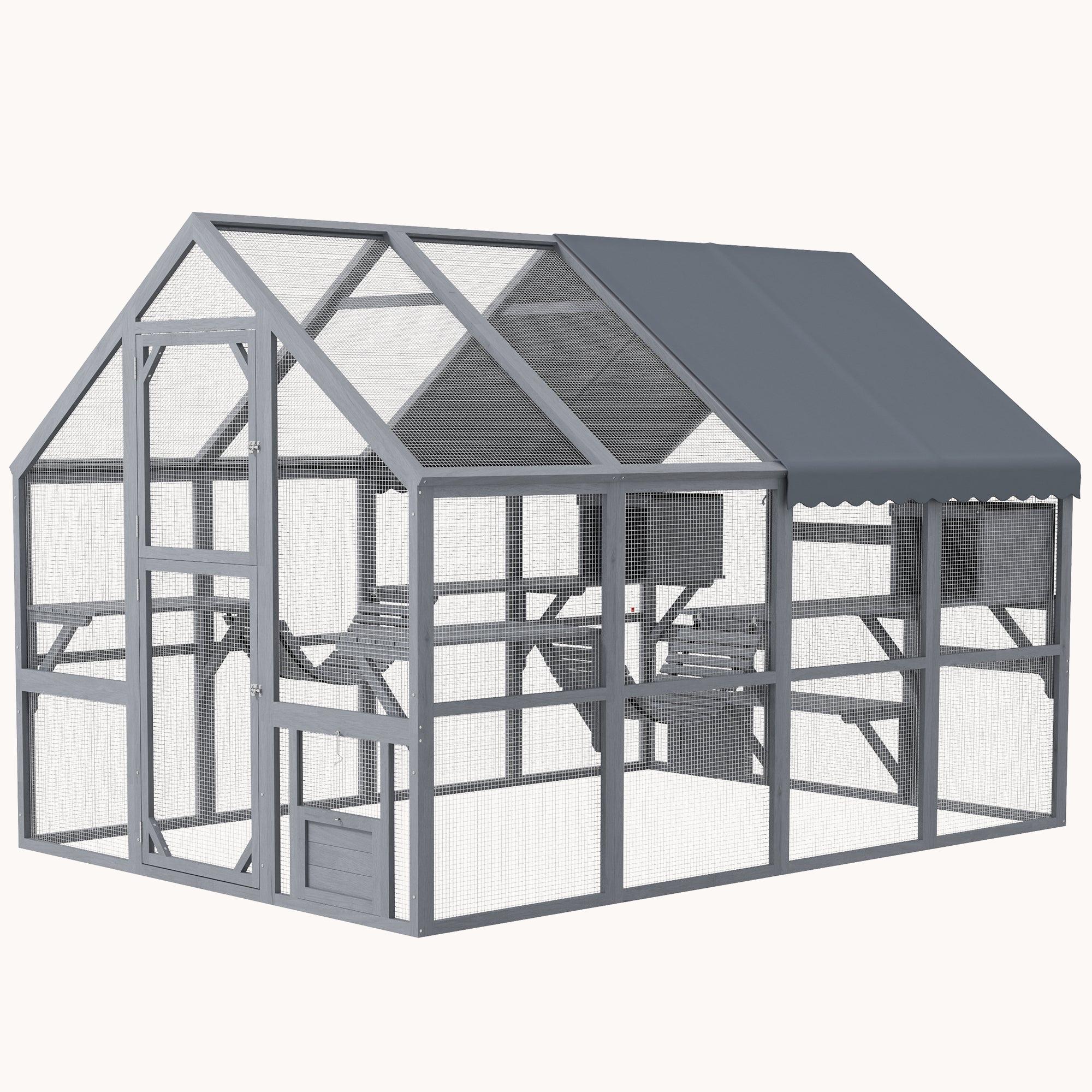Large Wooden Outdoor Cat Enclosure with Waterproof Cover, 2 Condos & 6 Platforms, Gray