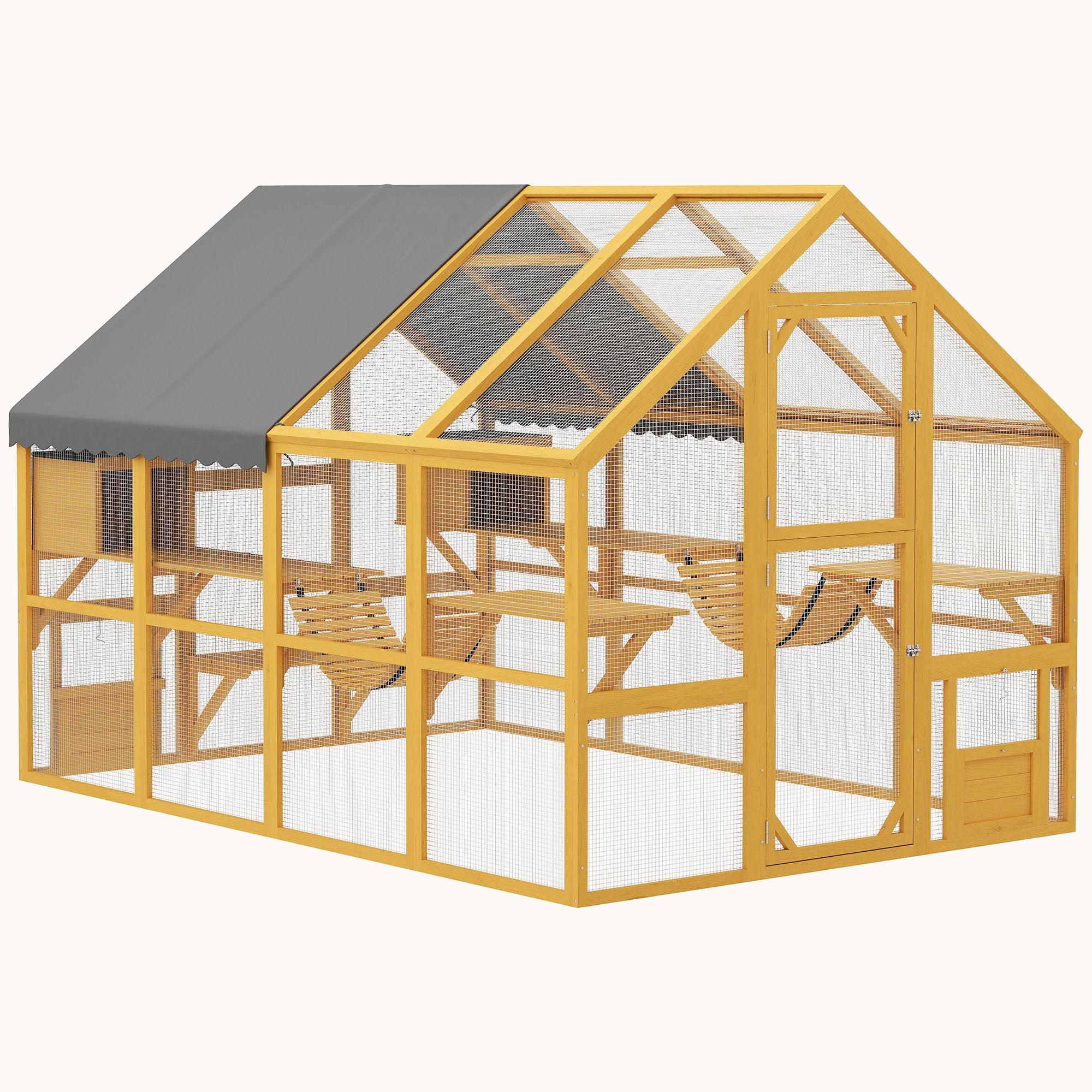 74'' Large Wooden Cat House with Waterproof Cover 2 Condos Yellow