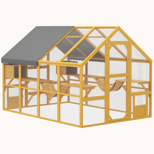 74'' Large Wooden Cat House with Waterproof Cover 2 Condos Yellow