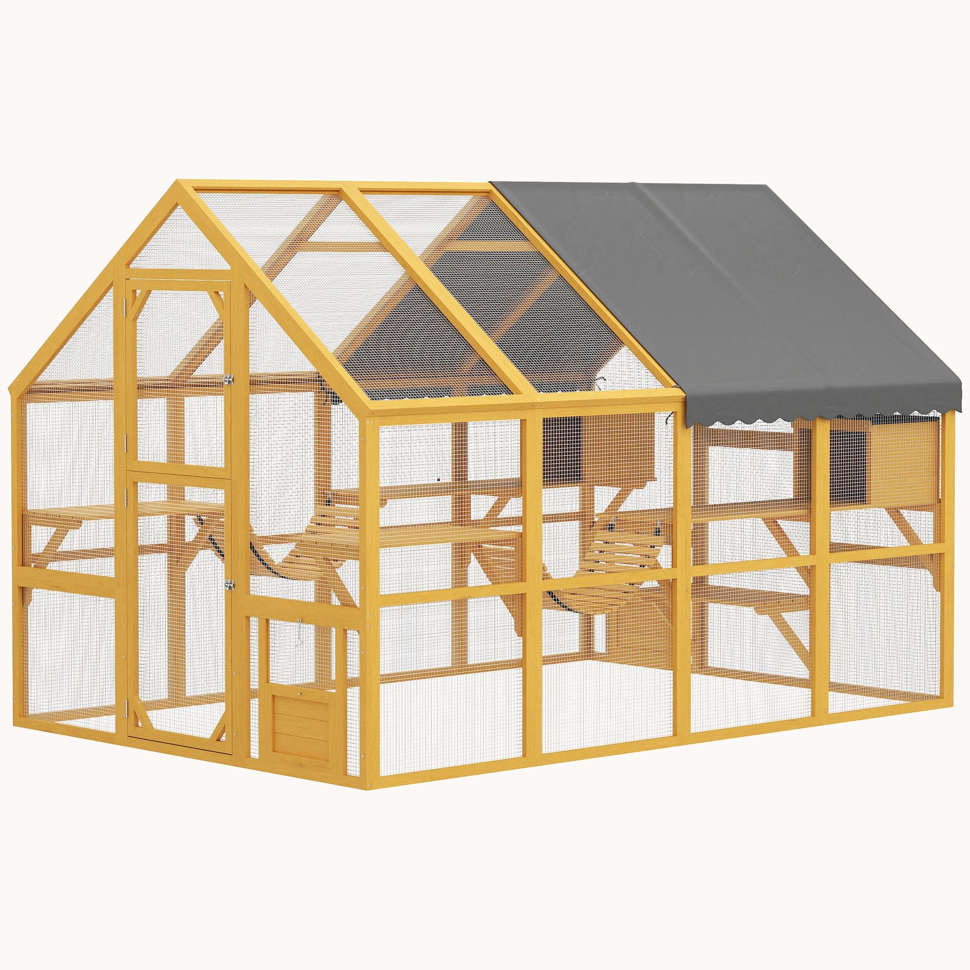 74'' Large Wooden Cat House with Waterproof Cover 2 Condos Yellow