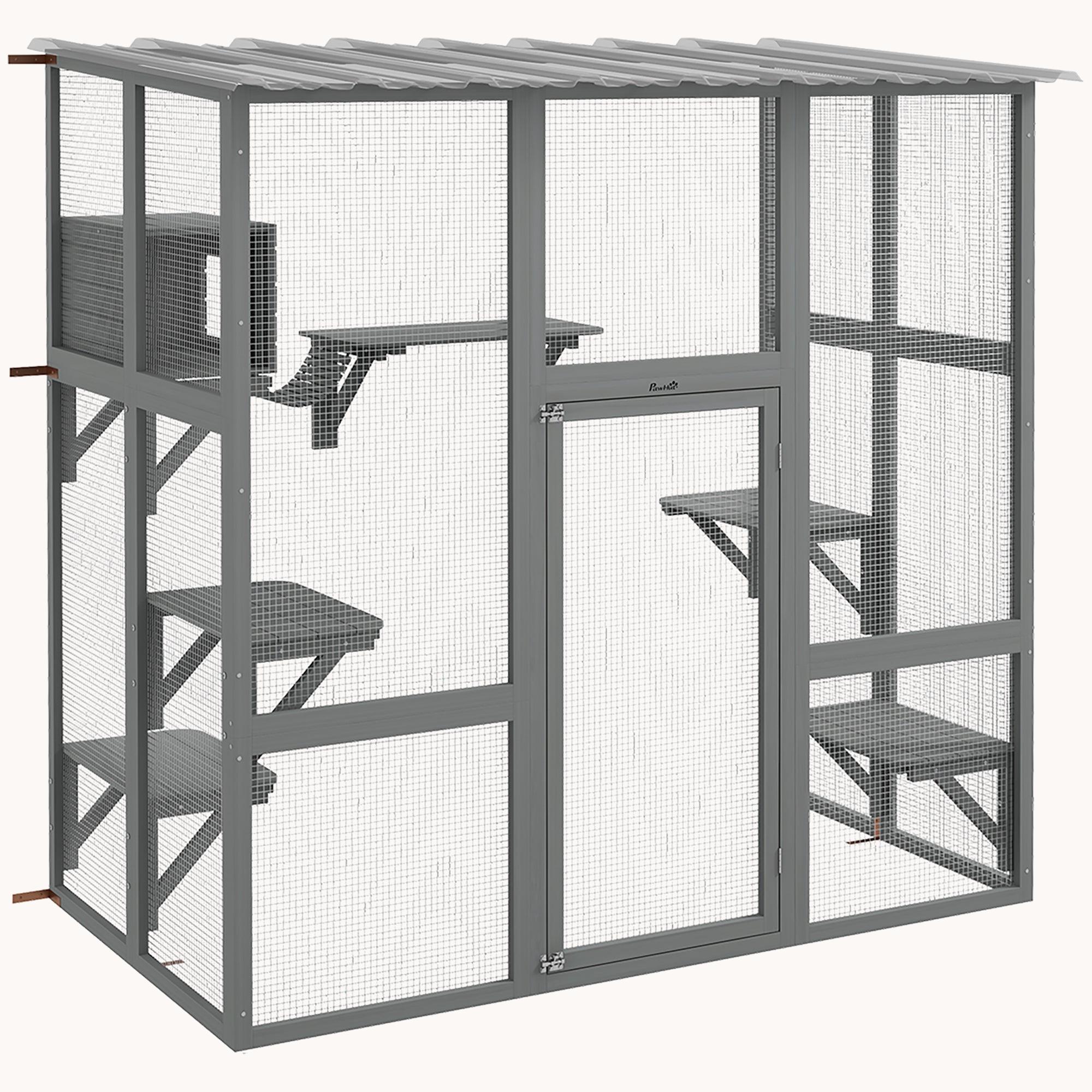 Outdoor Cat Enclosure with Scratching Posts & Weatherproof Roof, 68"x35.5"x70.5", Gray