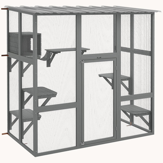 Outdoor Cat Enclosure with Scratching Posts & Weatherproof Roof, 68"x35.5"x70.5", Gray