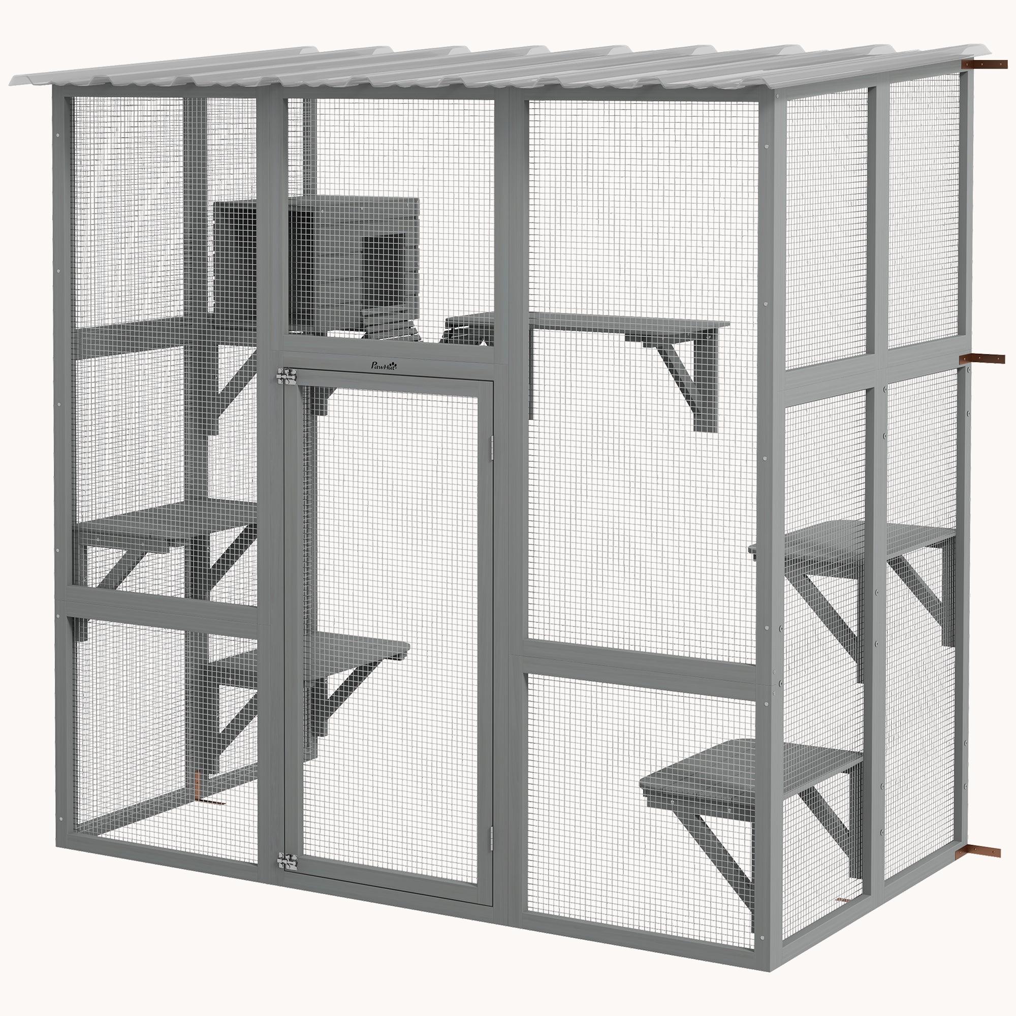 Outdoor Cat Enclosure with Scratching Posts & Weatherproof Roof, 68"x35.5"x70.5", Gray