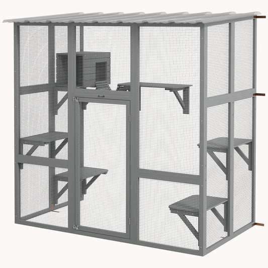 Outdoor Cat Enclosure with Scratching Posts & Weatherproof Roof, 68"x35.5"x70.5", Gray