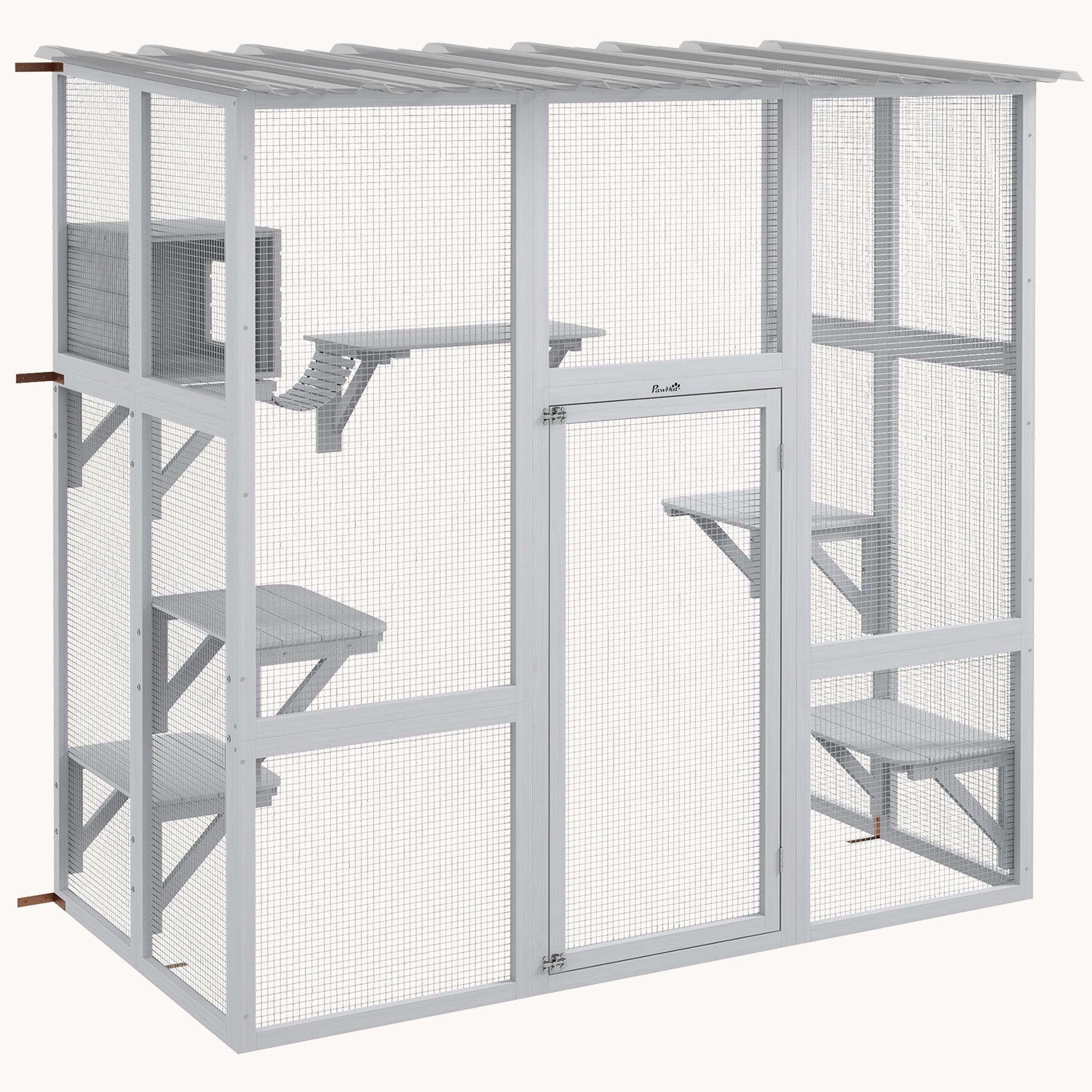 Outdoor Cat Enclosure with Roof & Play Area 68"x35.5"x70.5", White