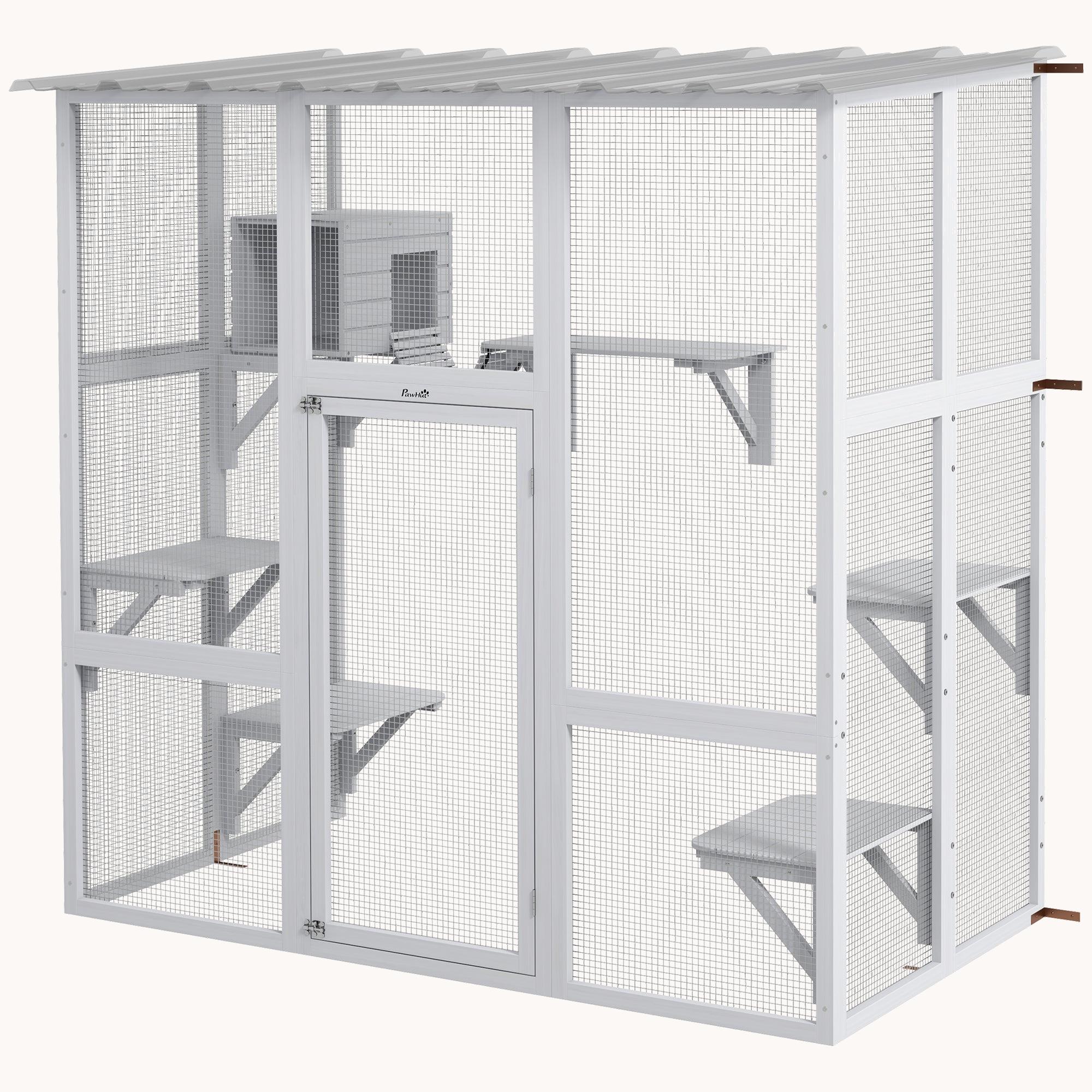 Outdoor Cat Enclosure with Roof & Play Area 68"x35.5"x70.5", White