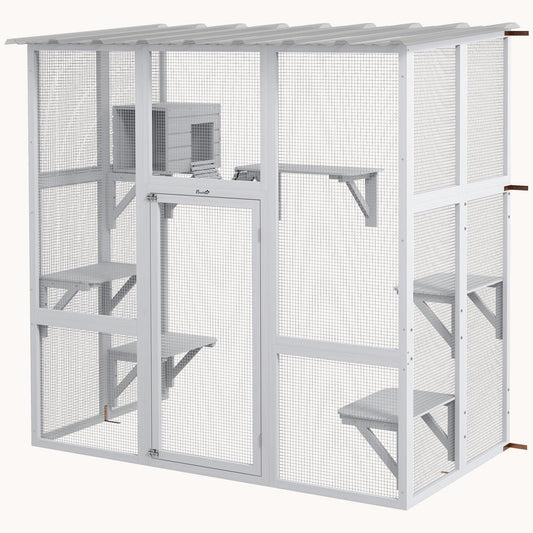 Outdoor Cat Enclosure with Roof & Play Area 68"x35.5"x70.5", White
