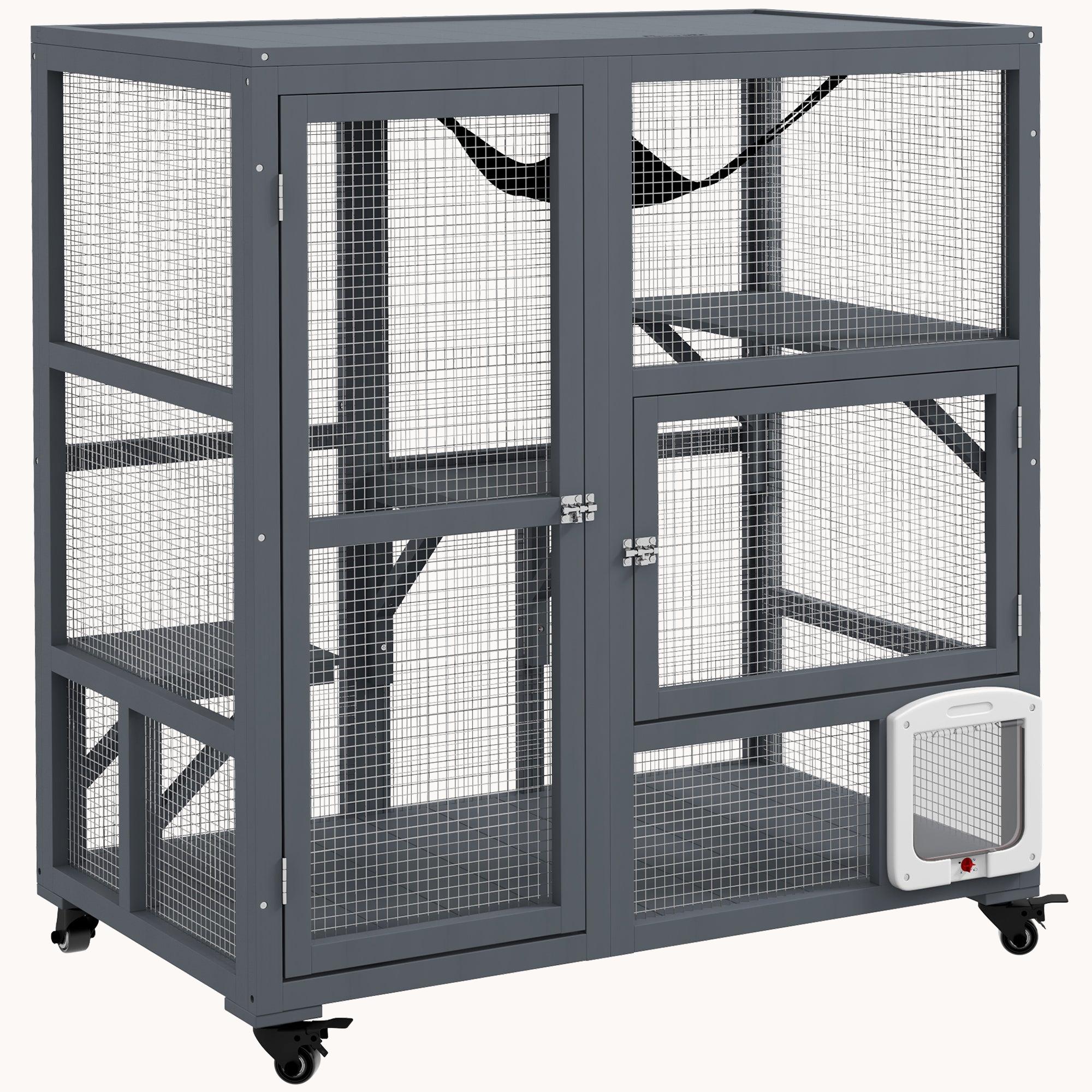 39" Indoor Wooden Cat House with Wheels, 3 Platforms, Hammock & Openable Top, Light Gray