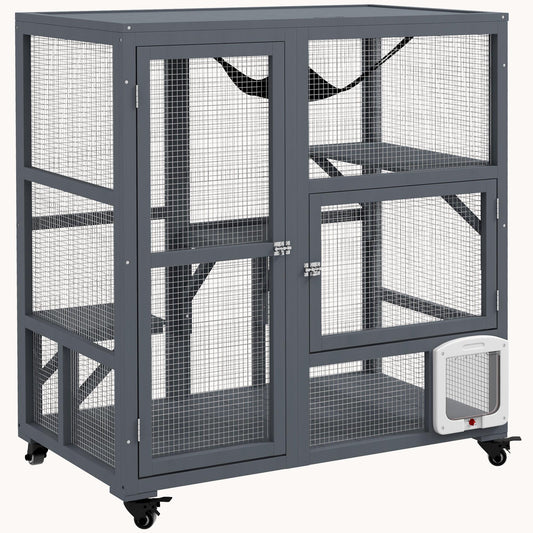 39" Indoor Wooden Cat House with Wheels, 3 Platforms, Hammock & Openable Top, Light Gray