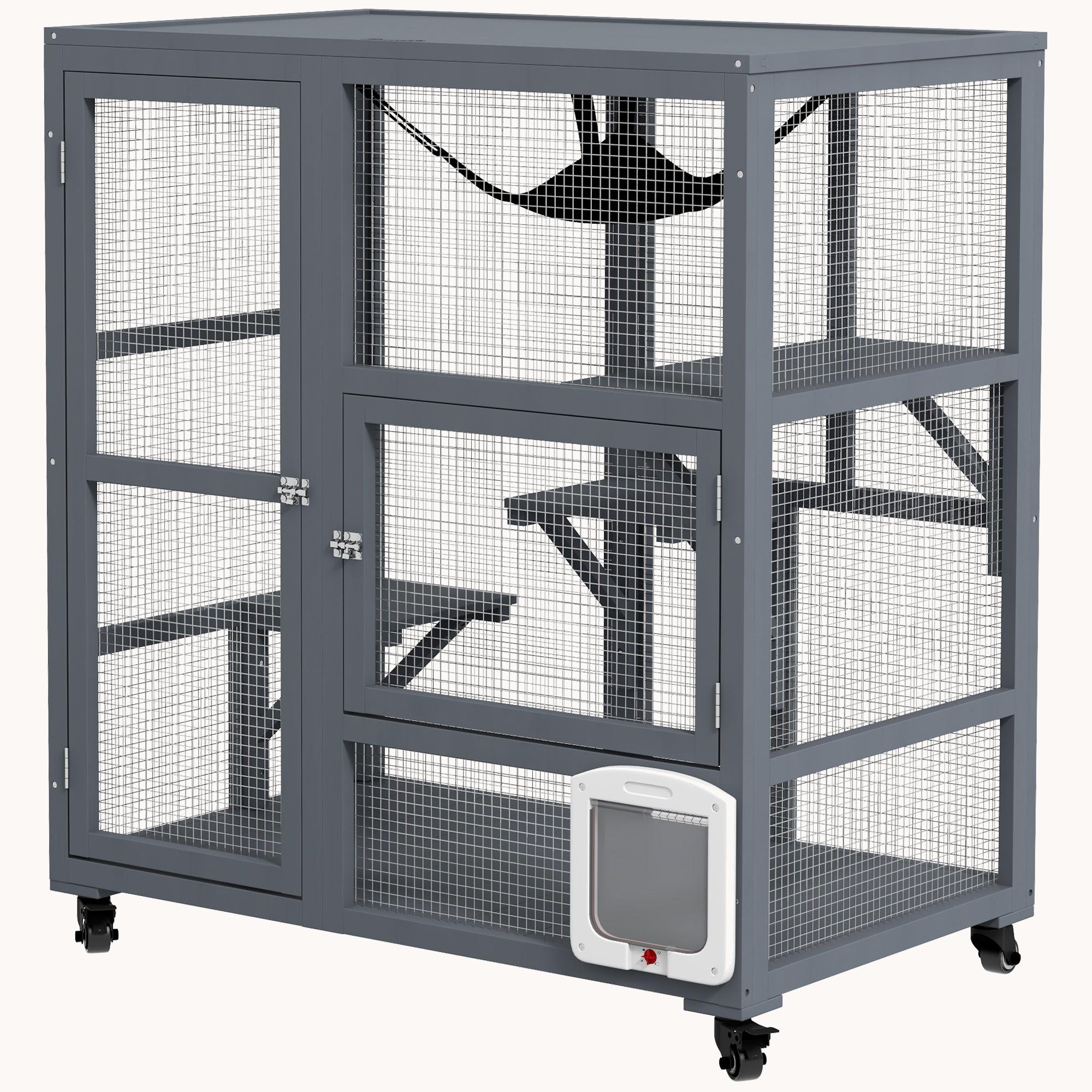 39" Indoor Wooden Cat House with Wheels, 3 Platforms, Hammock & Openable Top, Light Gray