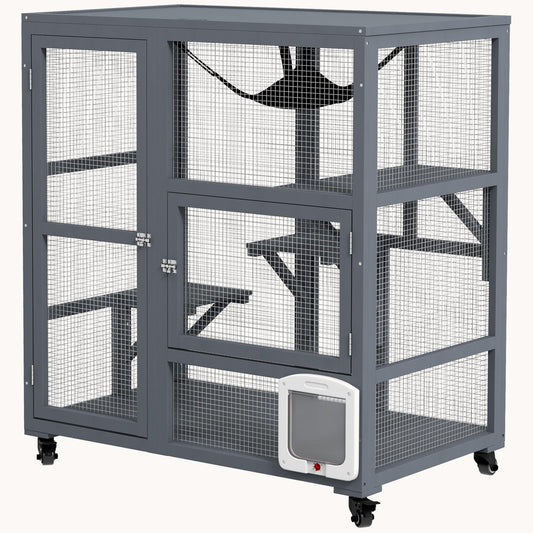 39" Indoor Wooden Cat House with Wheels, 3 Platforms, Hammock & Openable Top, Light Gray