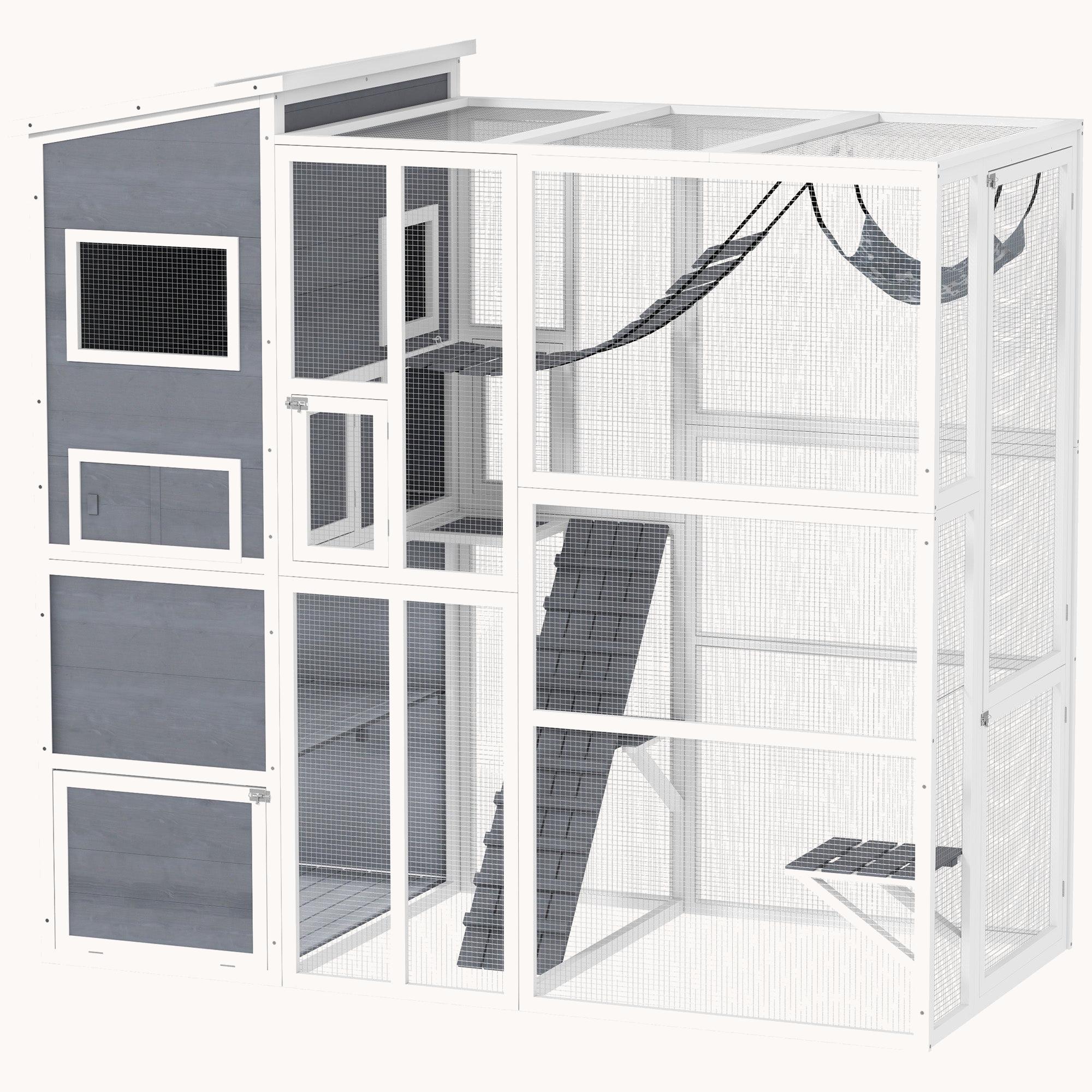 Wooden Outdoor Cat Enclosure with 4 Tiers, 3 Platforms for 2-3 Cats, 76"x36"x68", Gray