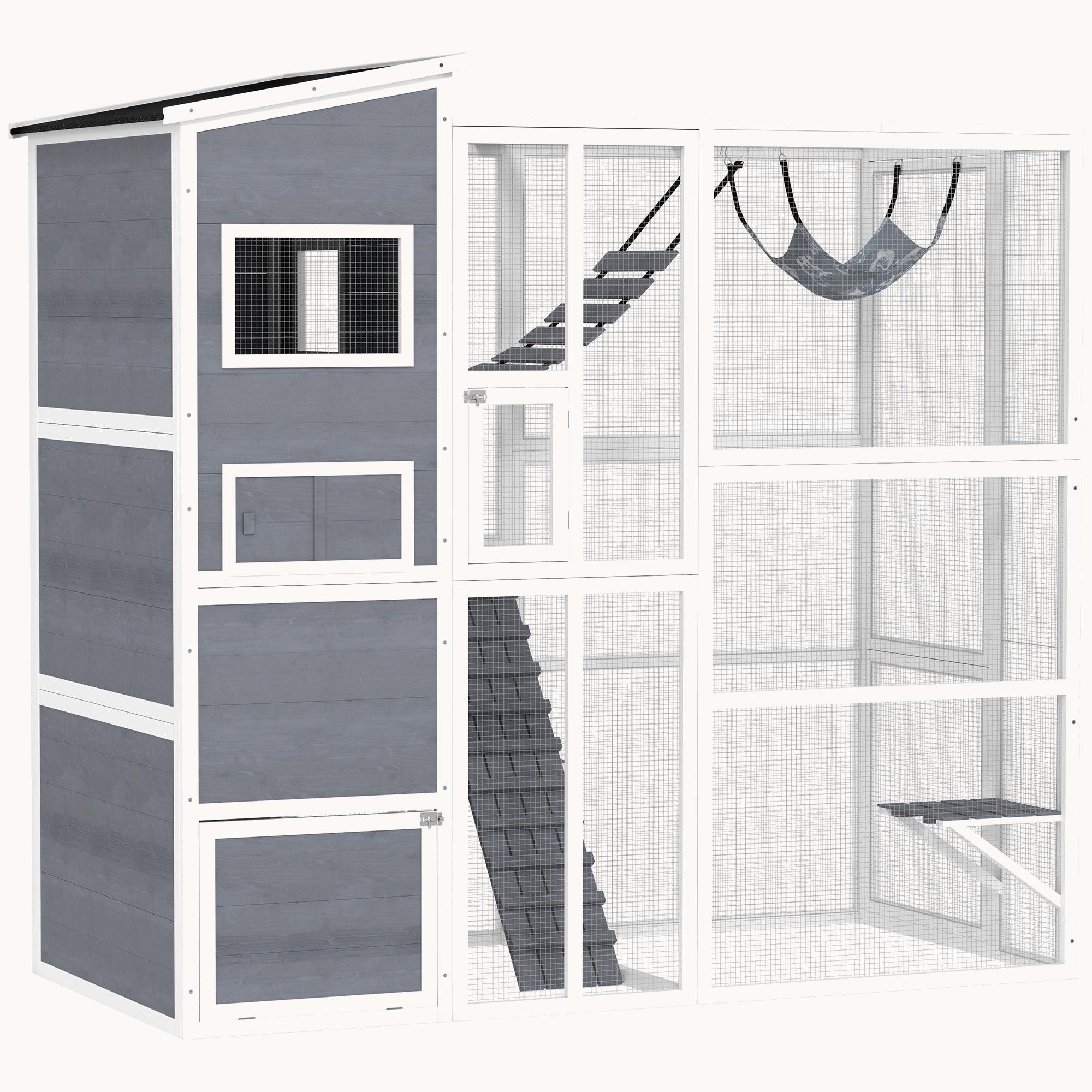 Wooden Outdoor Cat Enclosure with 4 Tiers, 3 Platforms for 2-3 Cats, 76"x36"x68", Gray