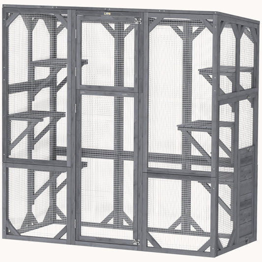 Outdoor Cat Enclosure w/ 6 Jumping Platforms & Weatherproof Roof, 59"x28"x60", Gray