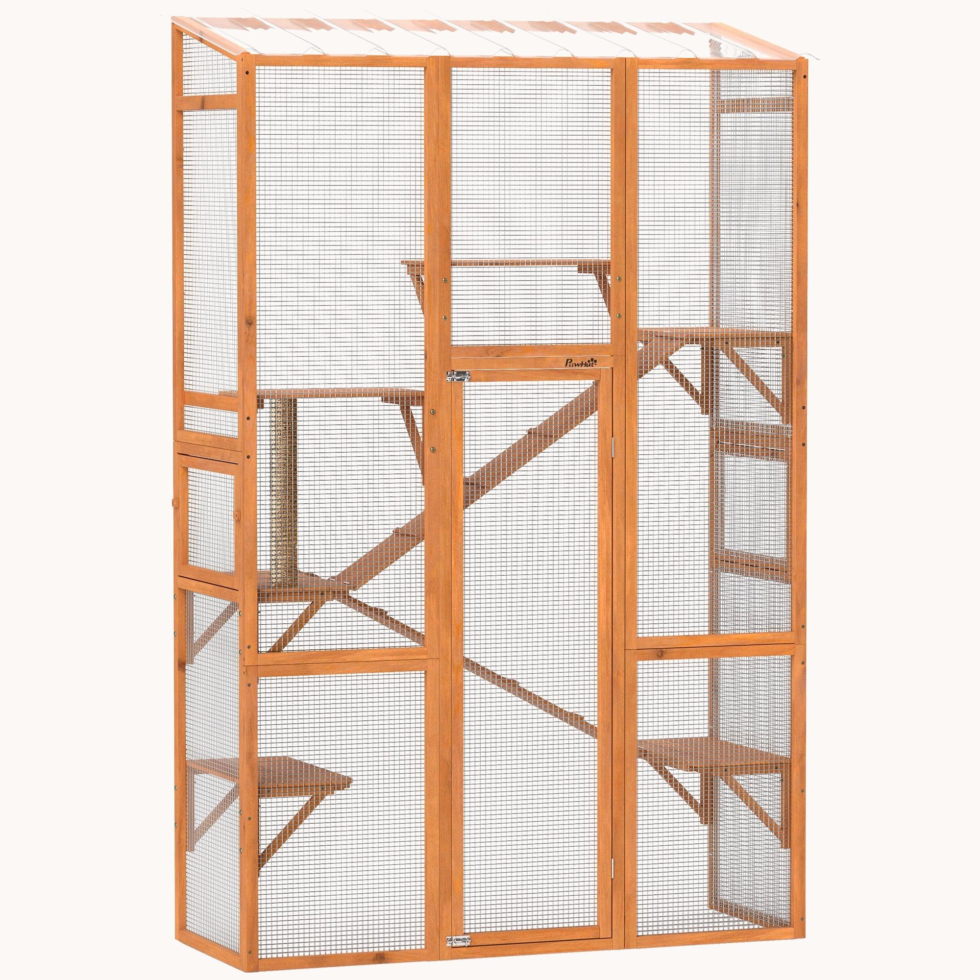99"H Wooden Cat Enclosure w/ 6 Jumping Platforms, Ramps & Window Access, Orange