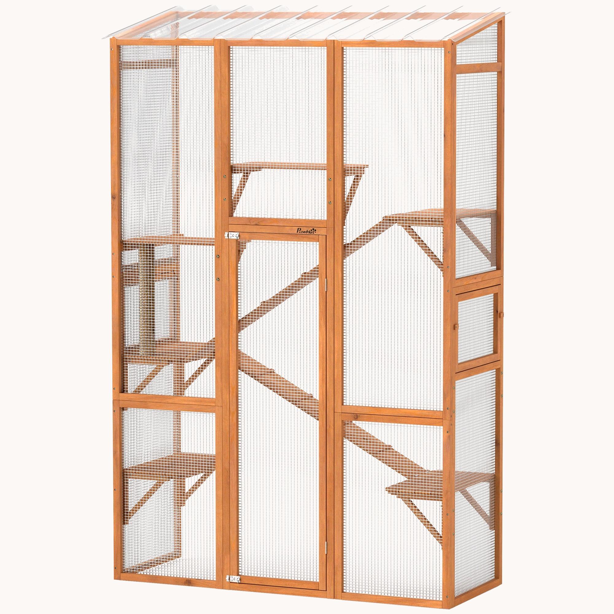 99"H Wooden Cat Enclosure w/ 6 Jumping Platforms, Ramps & Window Access, Orange