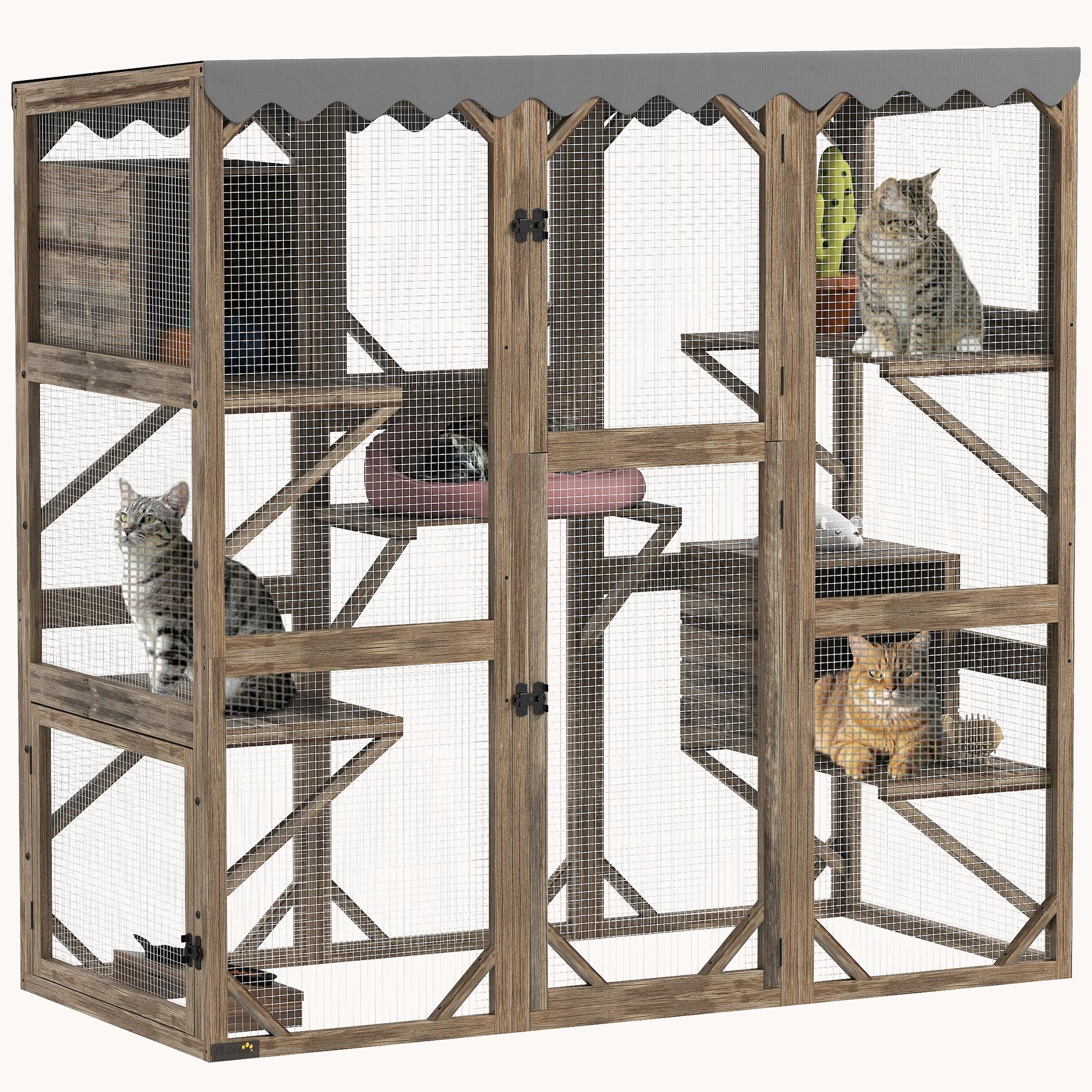 59"H Multi-Level Outdoor Cat Catio with Expandable Play Area Brown