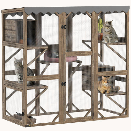 59"H Multi-Level Outdoor Cat Catio with Expandable Play Area Brown