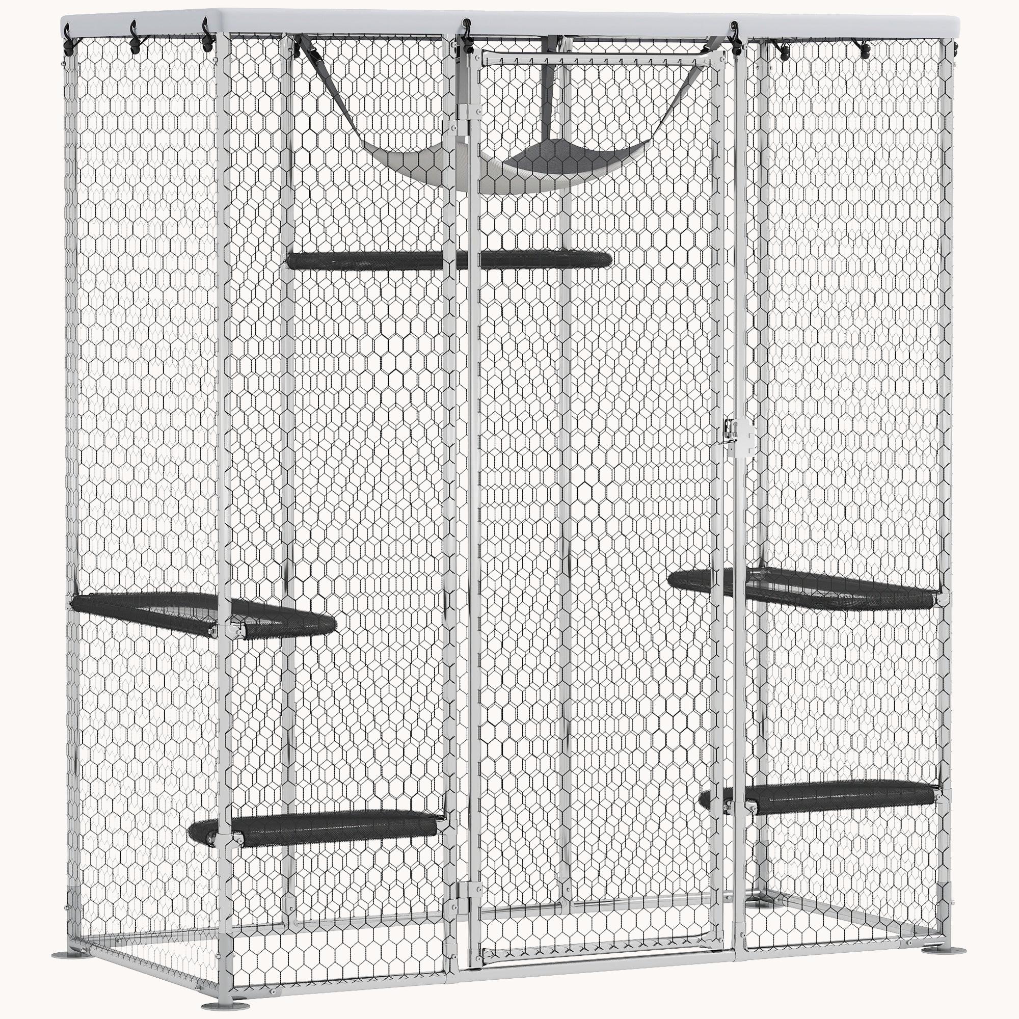 Walk-In Metal Catio with 5 Platforms, Hammock & Cover, Silver
