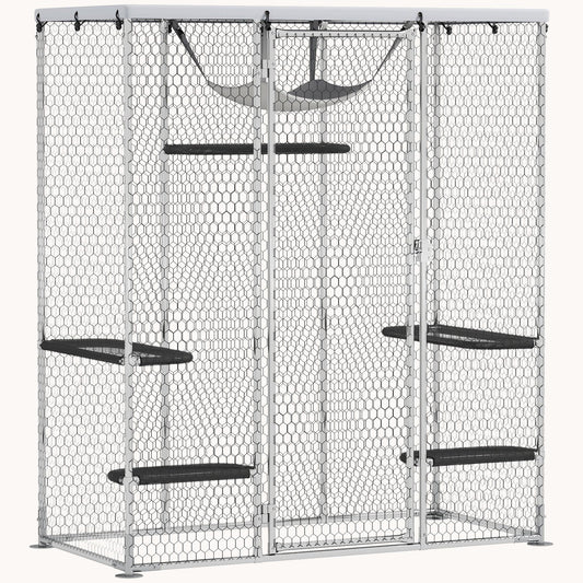 Walk-In Metal Catio with 5 Platforms, Hammock & Cover, Silver